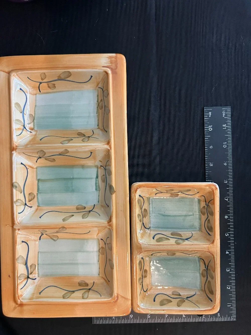 WCL Hand Painted Divided Relish Serving Trays Set of 2 Appetizer Dip Dishes